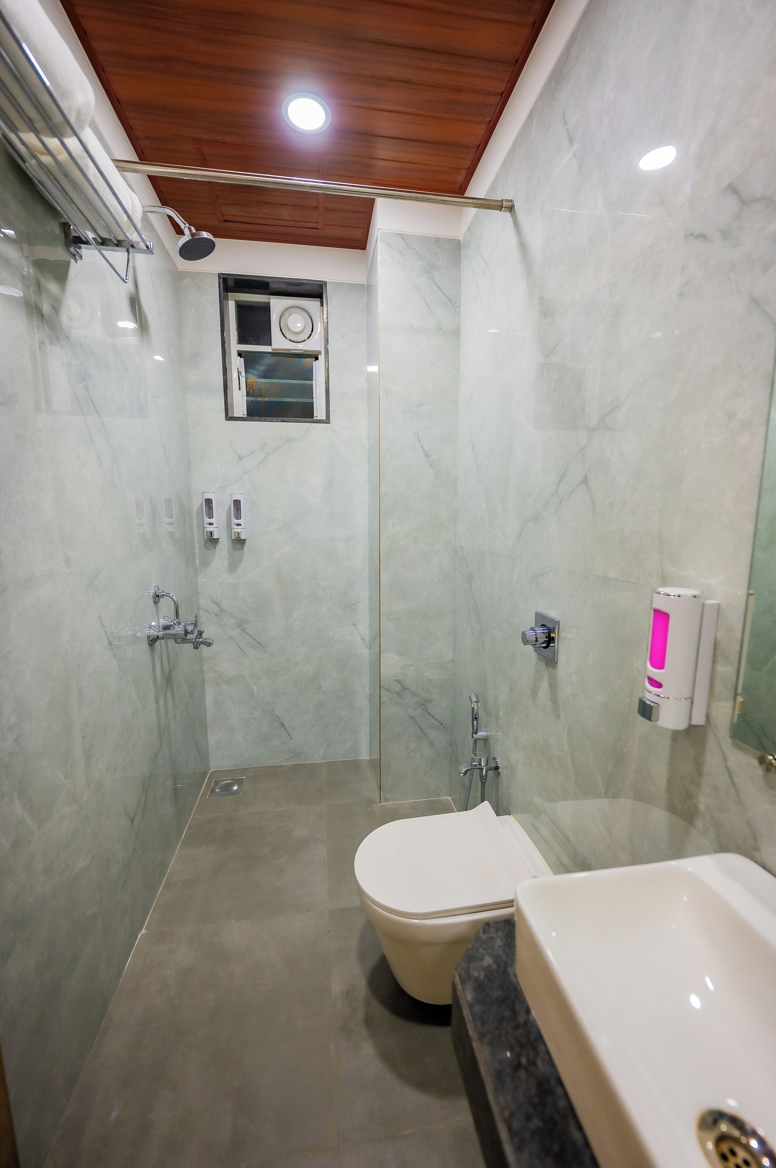 A modern bathroom with a glass-enclosed shower, a toilet, and a sink.