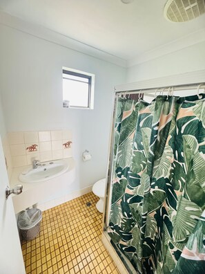 Combined shower/bathtub, towels, soap, shampoo
