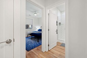 Shower, hair dryer, shampoo