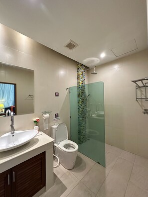 Regadera, toallas, jabón, papel de baño 