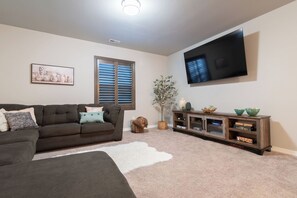 Smart TV, fireplace, books