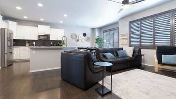 Smart TV, fireplace, books