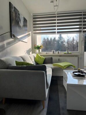 A modern living room with a sofa, a coffee table, and a window with blinds.