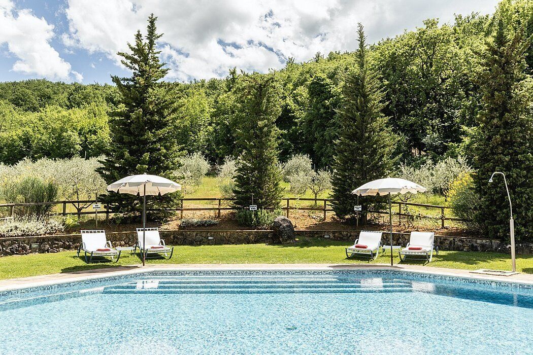 A swimming pool with lounge chairs and umbrellas, surrounded by a stone wall and lush greenery.