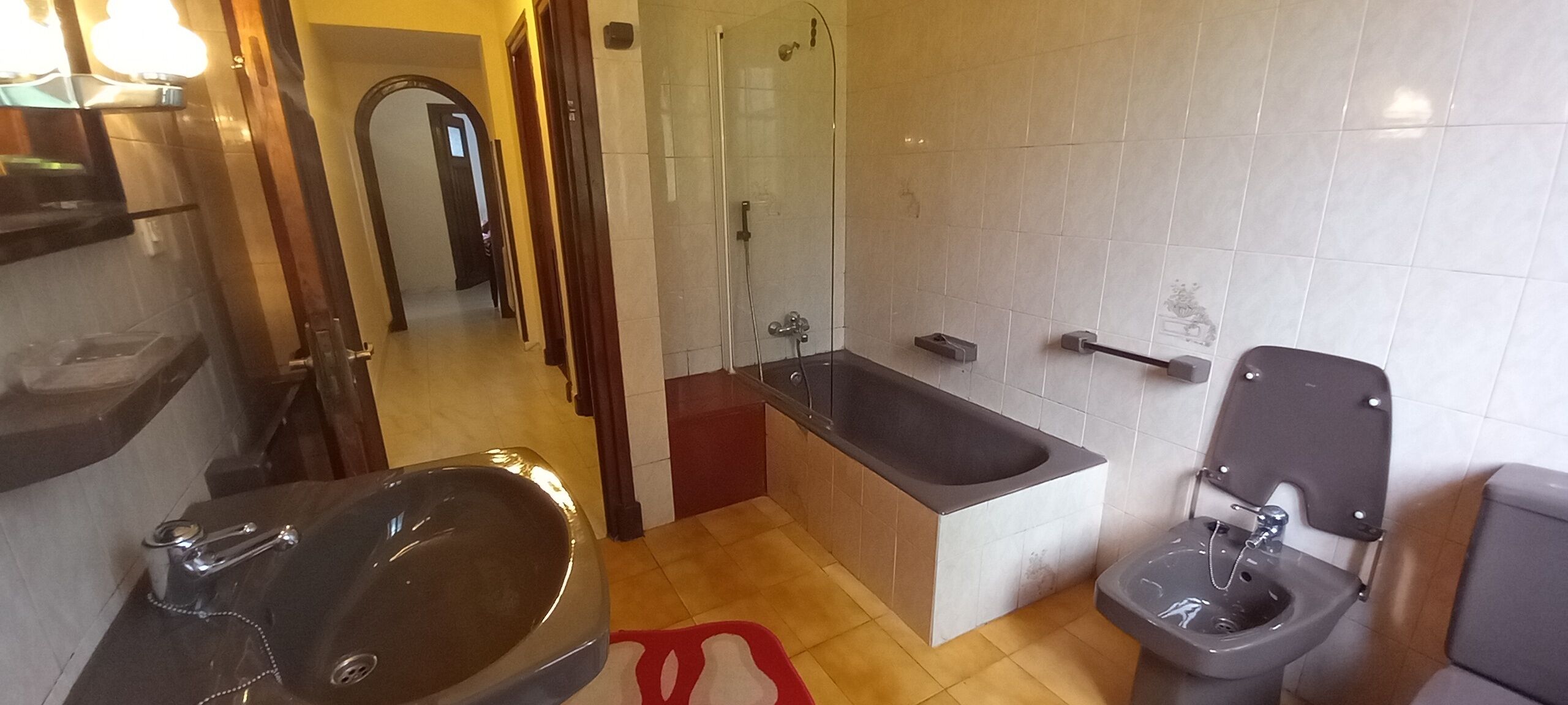 Een douche, een bidet, zeep, toiletpapier