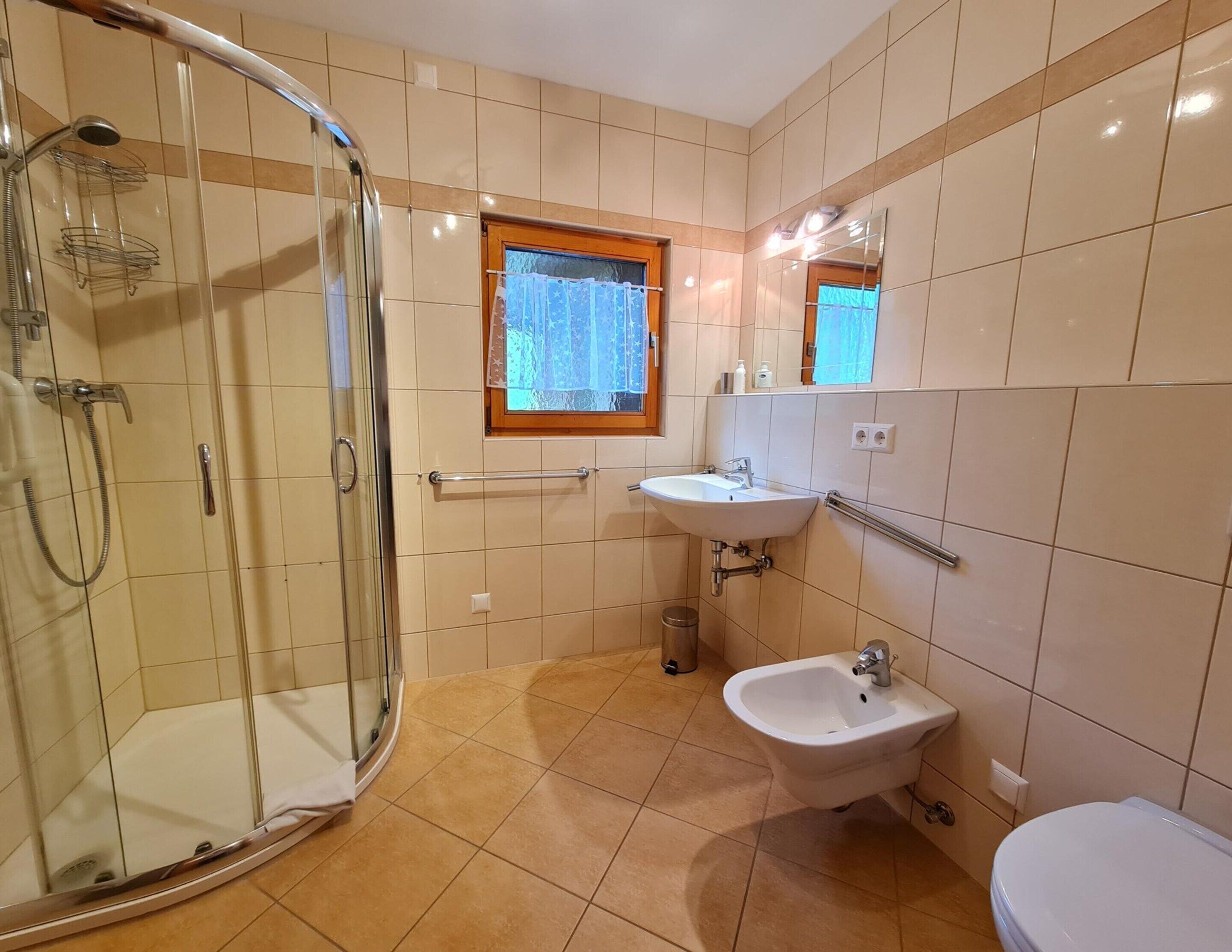 A modern bathroom with a glass-enclosed shower, a sink with a mirror, and a bidet.