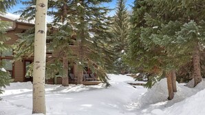 A snow-covered outdoor area with a wooden building and several trees. - East Vail Townhome - Close to Racquet Club (Vail)