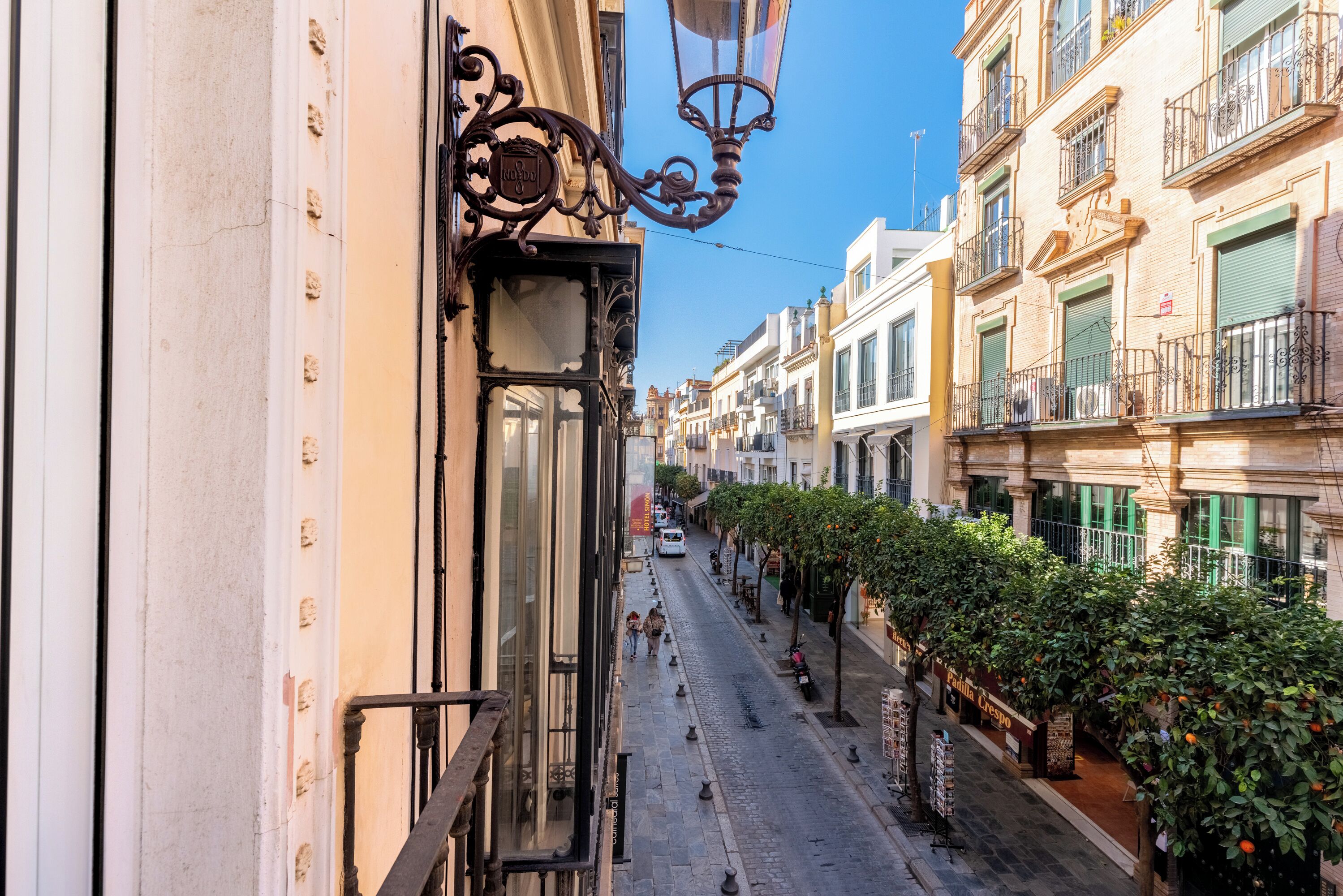 A narrow street lined with buildings, a street lamp, and a row of trees.