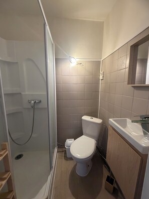 Ein Badezimmer mit Duschkabine, Toilette und Waschbecken mit Spiegel darüber.