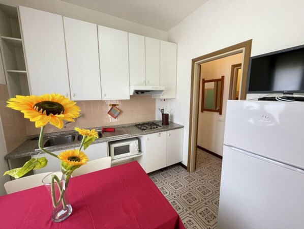 Fridge, microwave, stovetop, coffee/tea maker