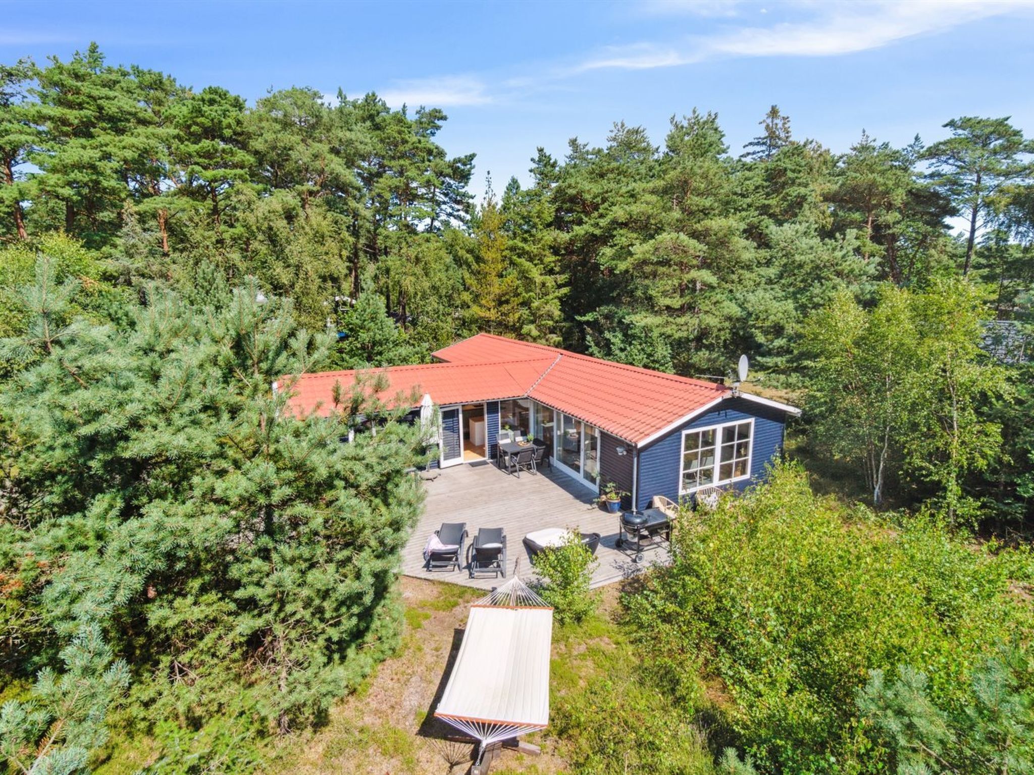 Une cabane avec un toit rouge, entourée d’une forêt dense.