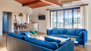 A spacious living area with a blue sofa and a dining area with a wooden table and chairs.