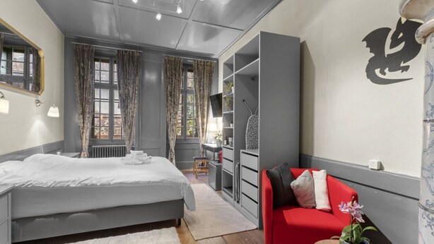 Una camera da letto moderna con un letto grande, un divano rosso, un tavolino con una pianta e un'armadio.