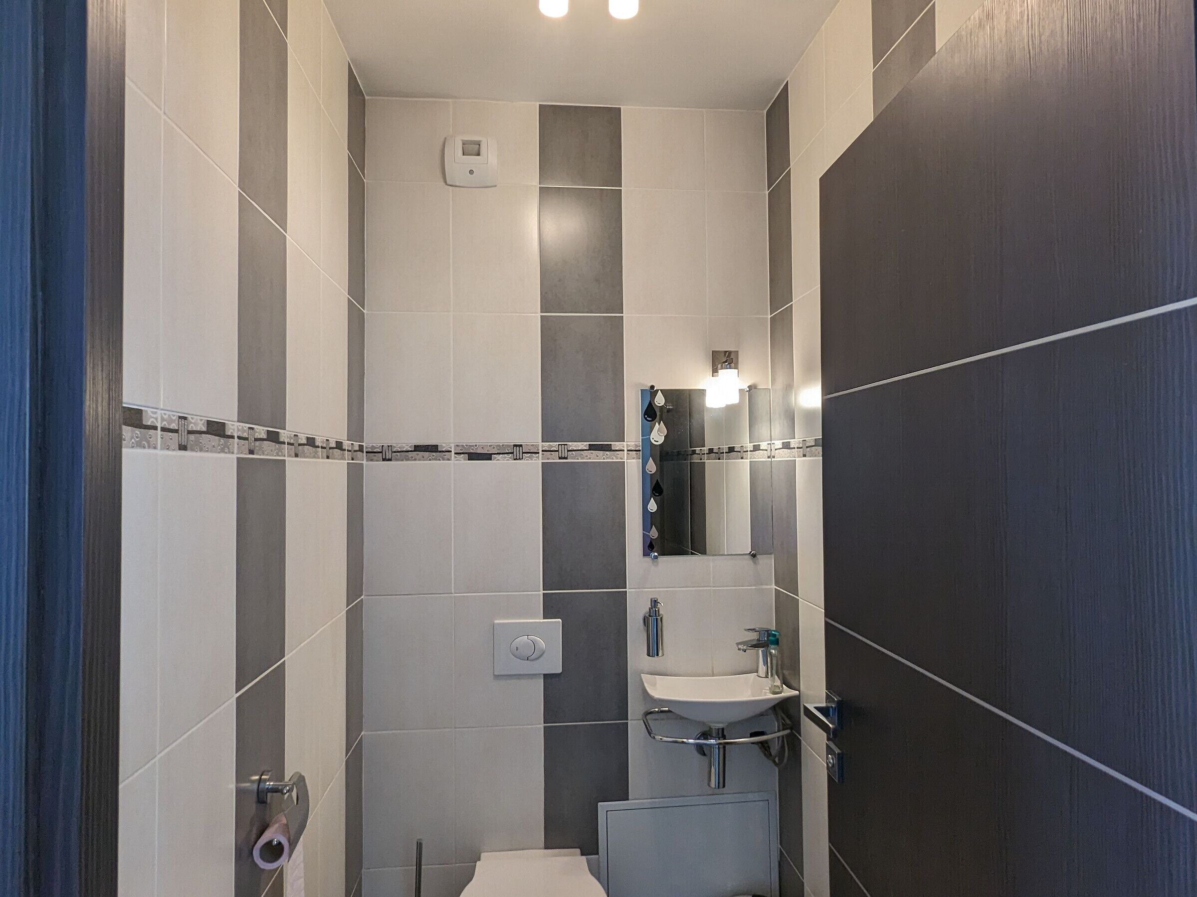 Een badkamer met toilet, wastafel en spiegel.