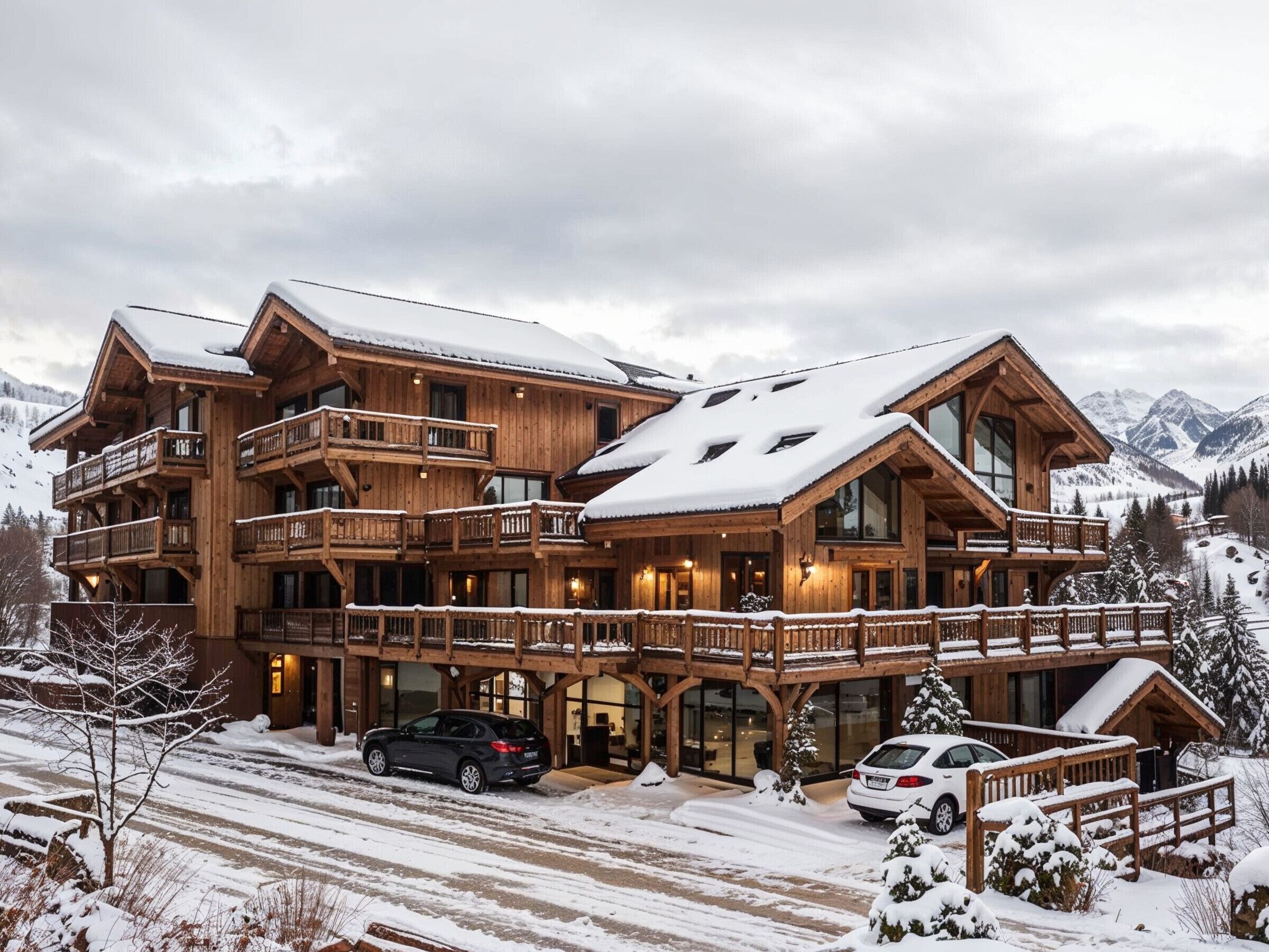 Een groot houten lodge met meerdere balkons en grote ramen, omringd door besneeuwde bergen.