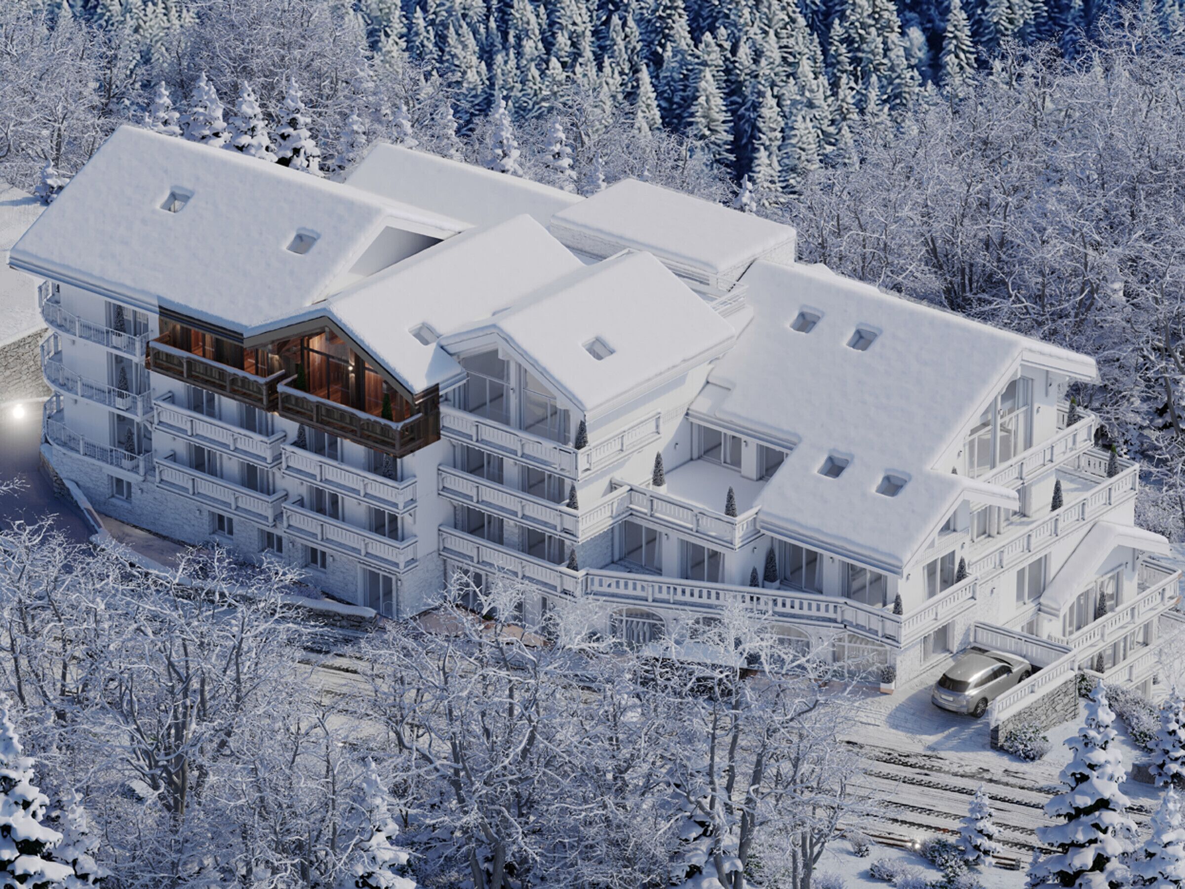 A multi-story hotel with balconies, a ski lift, and a snowy forest backdrop.
