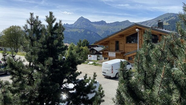 Eine Holzhütte mit Bergblick, umgeben von Kiefern.