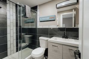 Un baño moderno con ducha envuelta en vidrio, un inodoro blanco y un lavabo con espejo superior.