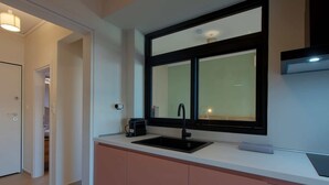A modern kitchen with a black sink, a window, and a built-in dishwasher.
