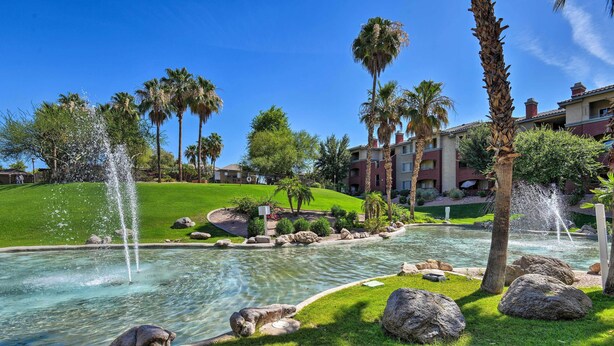 A landscaped garden with a fountain, palm trees, and a pool.