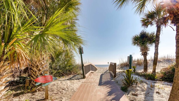 A wooden boardwalk leading to a beach with palm trees and a clear sky. - 'wright by the Beach': Hilton Head Condo w/ Perks (Hilton Head Island)