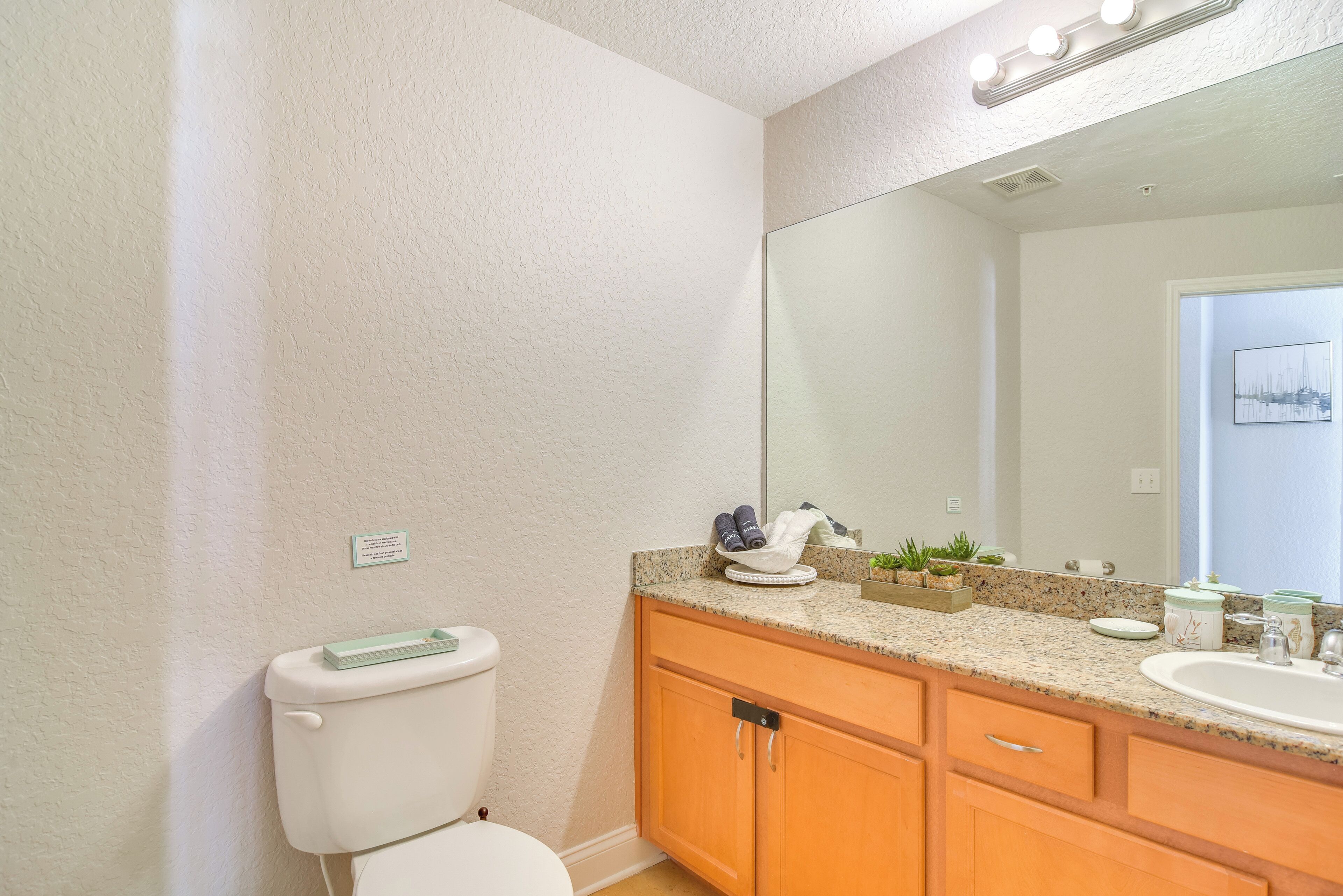A bathroom with a white toilet, wooden cabinets, a granite countertop, a large mirror, and a small potted plant.