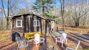 A cabin with a fire pit, two Adirondack chairs, and a picnic table. - Mtn Views + On-site Hiking Trails: Catskills Cabin (Round Top)