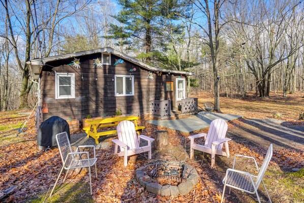 A cabin with a fire pit, two Adirondack chairs, and a picnic table. - Mtn Views + On-site Hiking Trails: Catskills Cabin (Round Top)