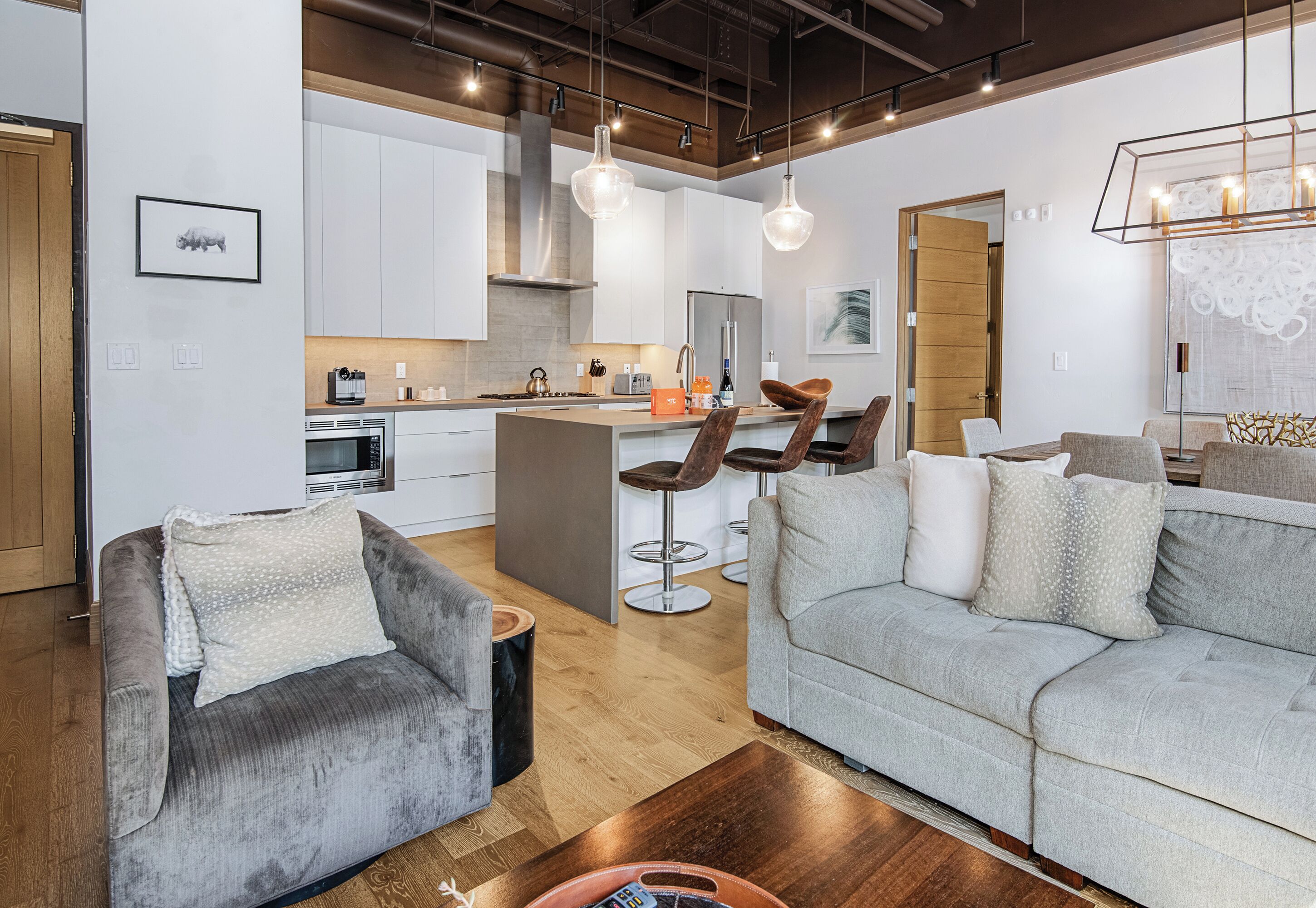 Smart TV, fireplace, books, stereo