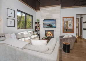 Smart TV, fireplace, books, stereo