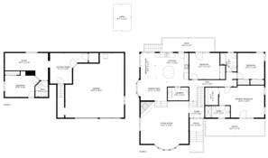 Plano de una casa de dos pisos, que incluye un patio, cocina, comedor, sala de estar, dormitorios, baños y un garaje.