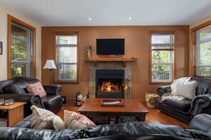 Televisión, chimenea, reproductor de DVD y oficina 