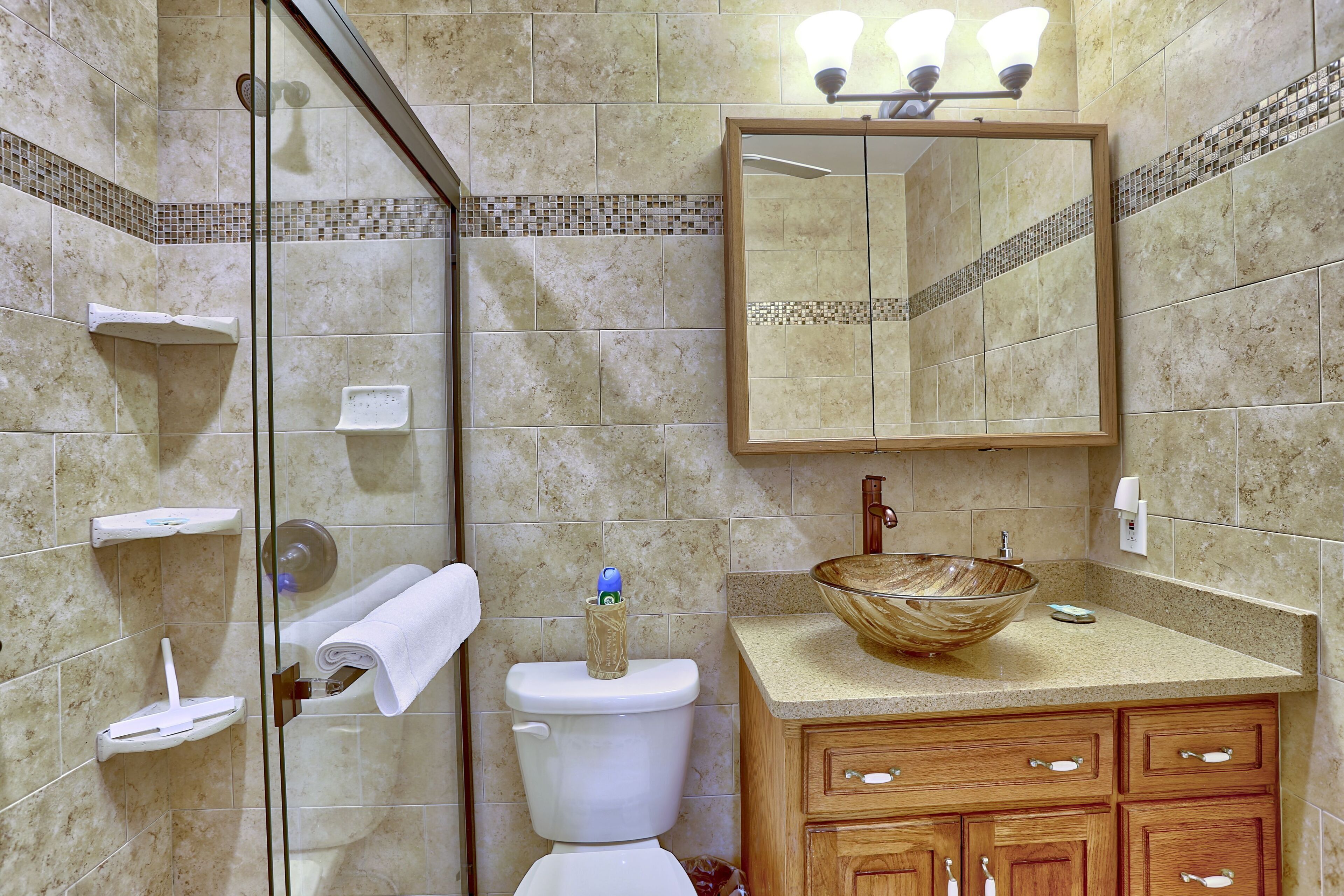 Een badkamer met een douchecabine van glas, een toilet met handdoekhouder, een wastafel met houten kom en een spiegel boven de wastafel.