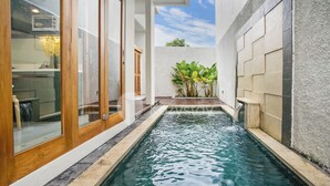 Una piscina interior estrecha con agua cristalina, rodeada de paredes con un diseño geométrico y una puerta de madera en un lateral.