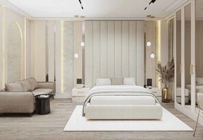 Relax in a serene space with a large bed, comfortable bench, and stylish lamp.