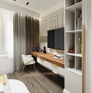 Luxe kamer, uitzicht op de stad | Een bureau, een laptopwerkplek, geluiddichte muren, gratis wifi