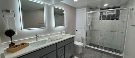 Shower, hair dryer, towels, toilet paper