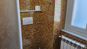 A bathroom with a toilet, a shower, and a radiator. - Cinqueterrehouse (La Spezia)