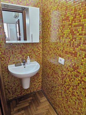 Douche, séchoir à cheveux, serviettes fournies, savon