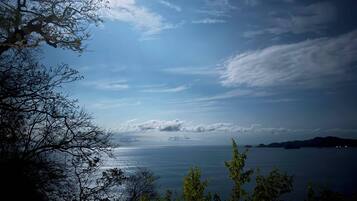 Ein Nachtblick auf eine Küstenregion mit klarem Himmel, einem sichtbaren Mond und ruhiger See.