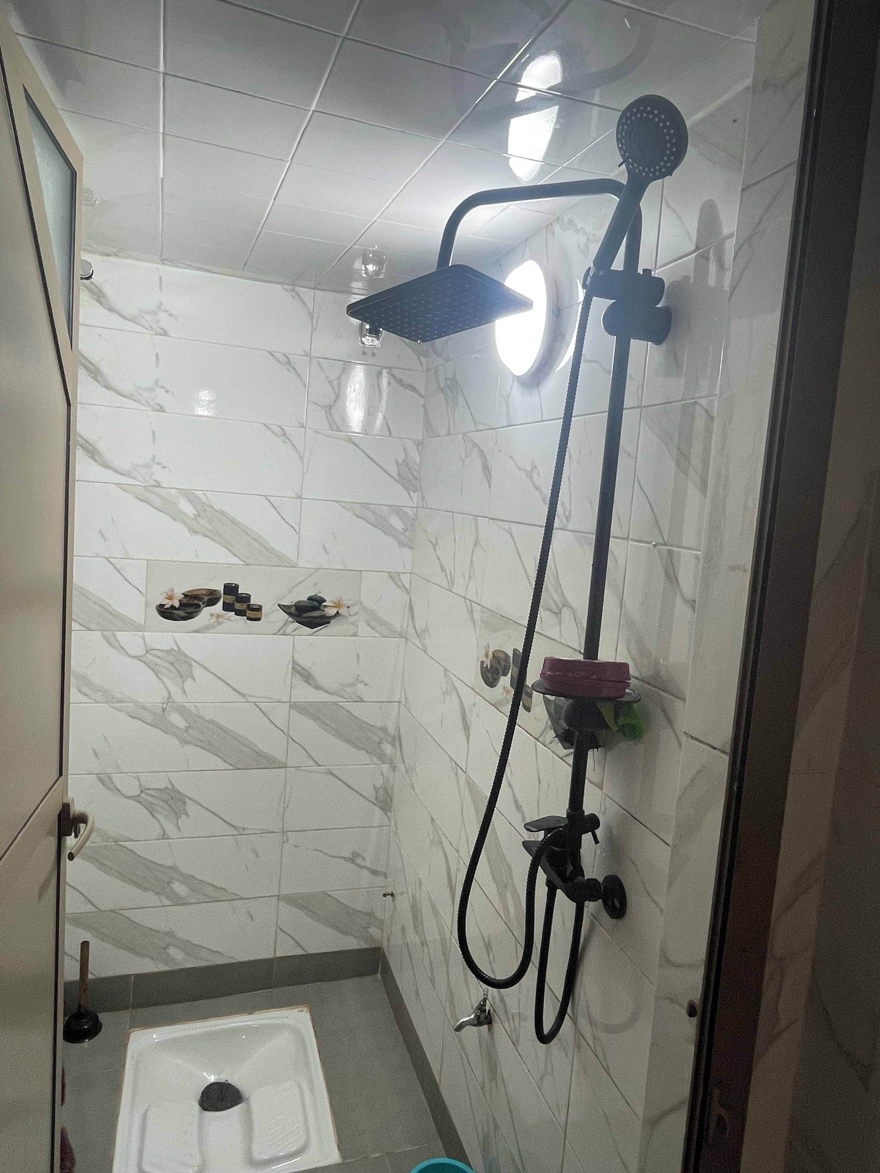 A bathroom with a shower, toilet, and a small shelf with decorative items.