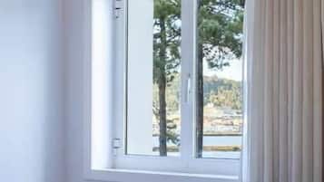 A room with a bed, a window with curtains, and a view of trees and a body of water.