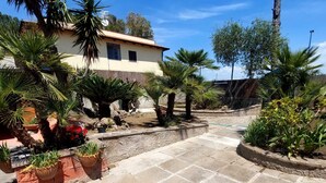 A courtyard with a tiled floor, palm trees, and a building with a beige facade. - Within walking distance from the sea provided with all the necessary comforts (Lago)