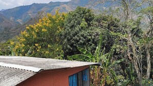 A red building with a swimming pool, surrounded by greenery and mountains.