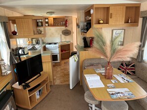 Cabin | Private kitchen | Fridge, microwave, oven, stovetop