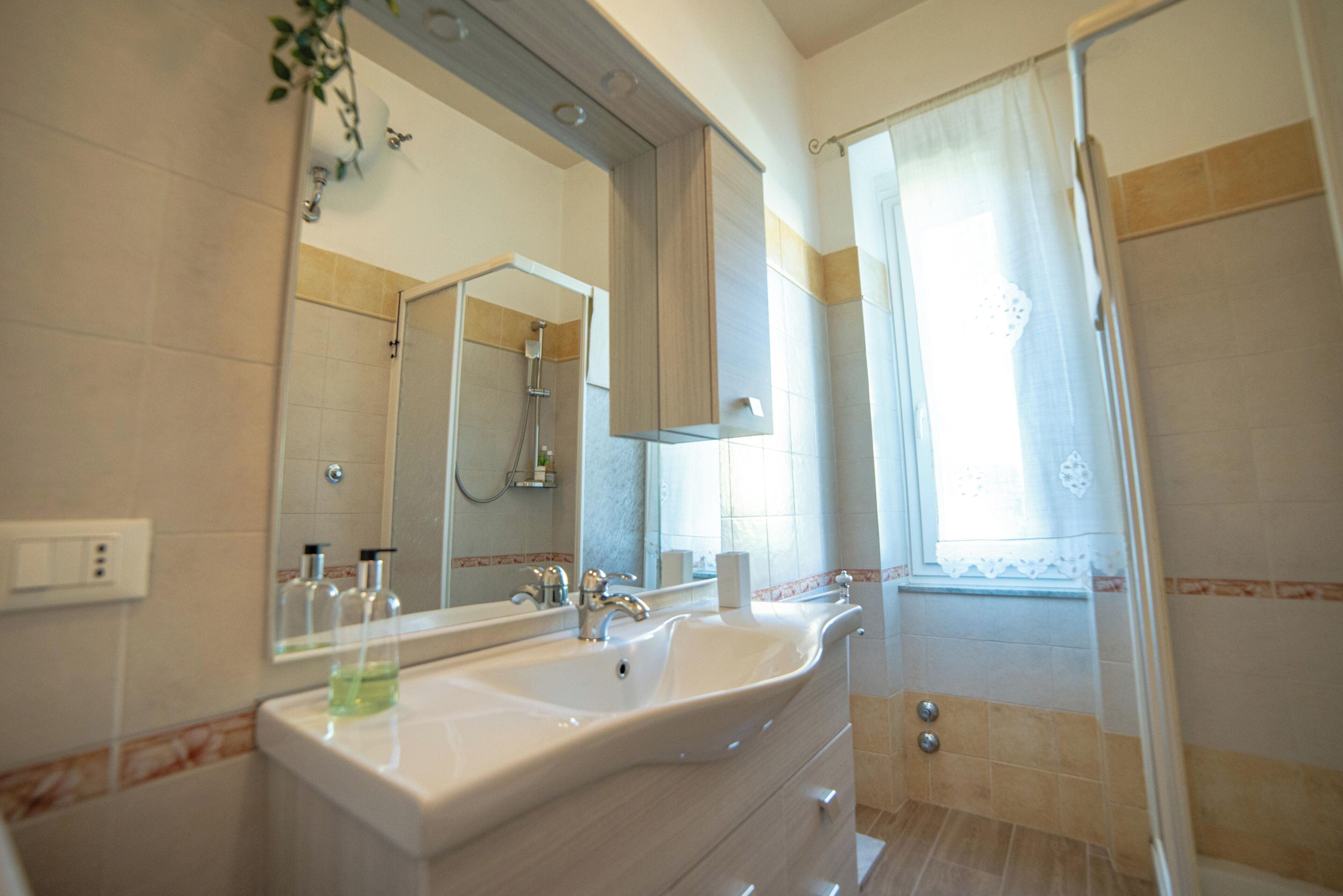 A bathroom with two sinks, a mirror, and a shower.