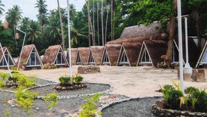 Un hilera de chozas con techo de paja y estructuras blancas, rodeadas de follaje tropical y palmeras.