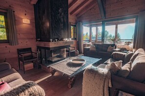 Televisión, chimenea y reproductor de DVD 