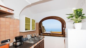 Una cocina con vistas al mar, una cafetera, un tostador y una planta en maceta.