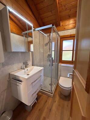 Ducha, secador de pelo, toallas, jabón